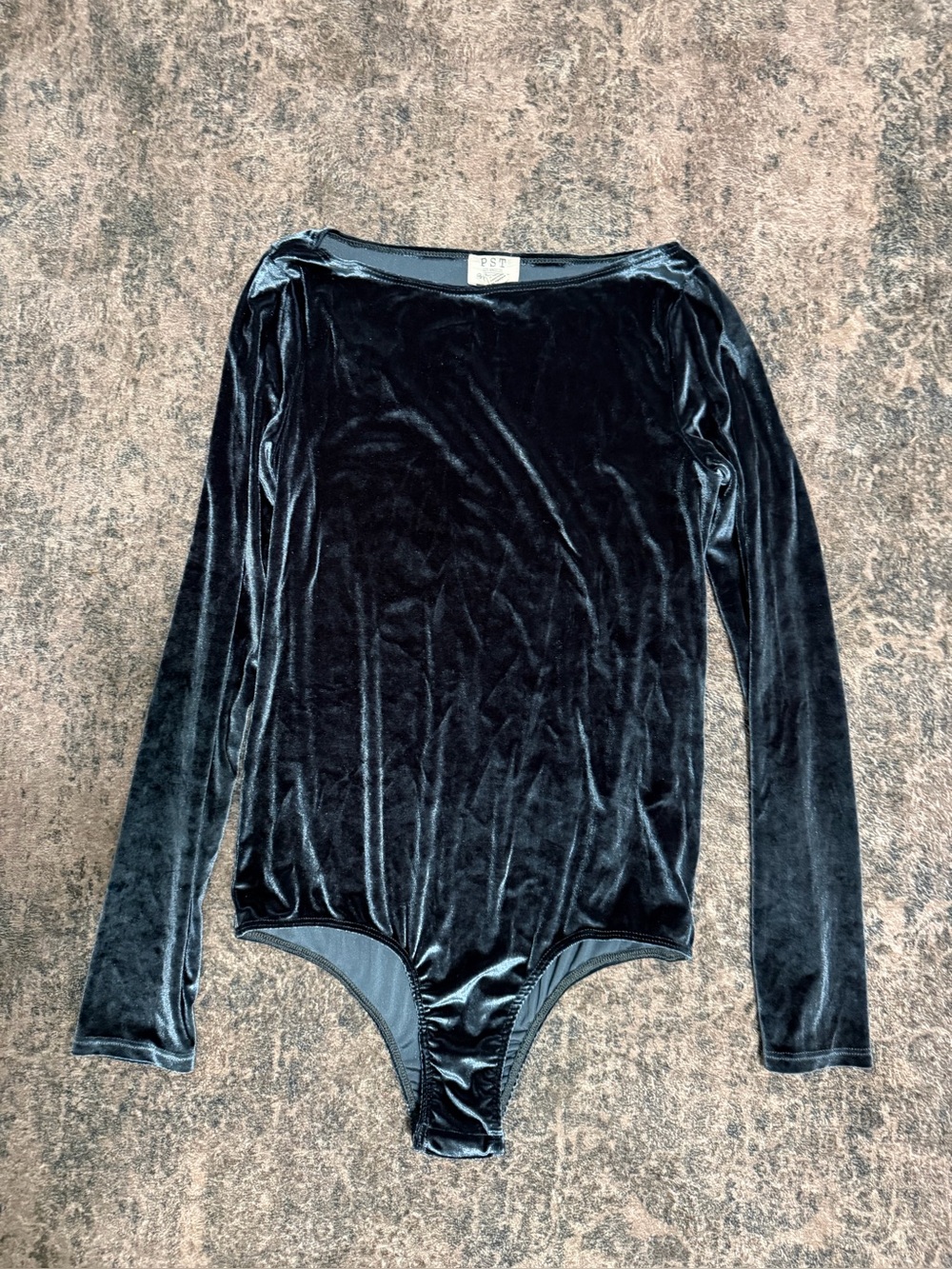ST. studio Black Velvet Long Sleeve Scoop-Neck Bodysuit